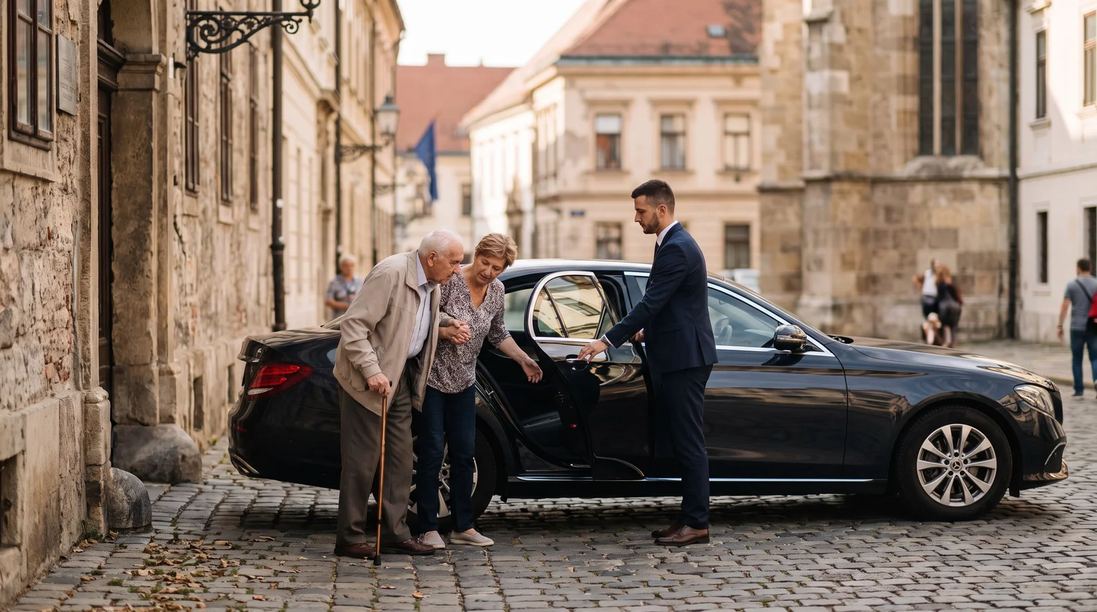 Vozač pomaže starijoj osobi pri izlasku iz automobila ispred ulaza u bolnicu